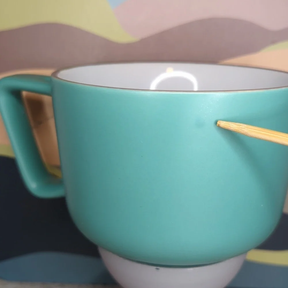 Turquoise Teal Early Bird Stoneware Wide Mouth Mug or Soup‎ Cup with Grey Bird